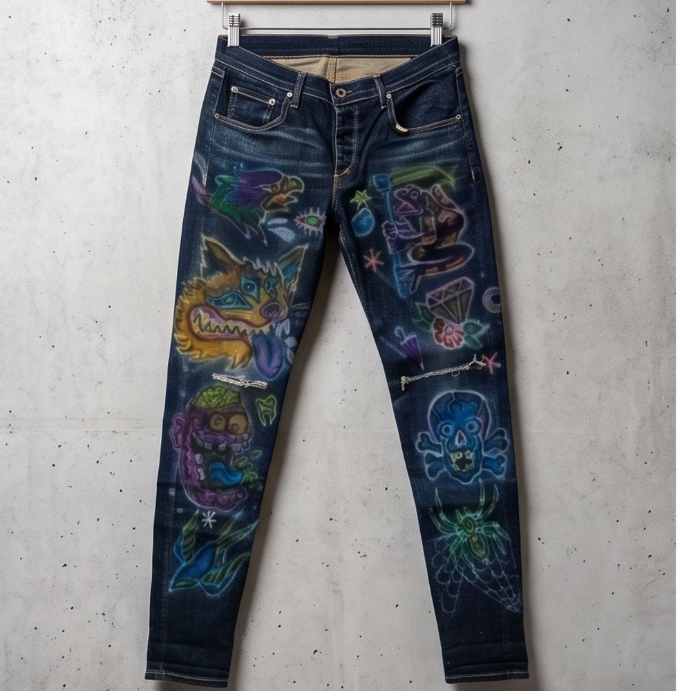 Rag & Bone Mens 33 Hand Painted Distressed Dark Wash Slim Fit Jeans Custom OOAK